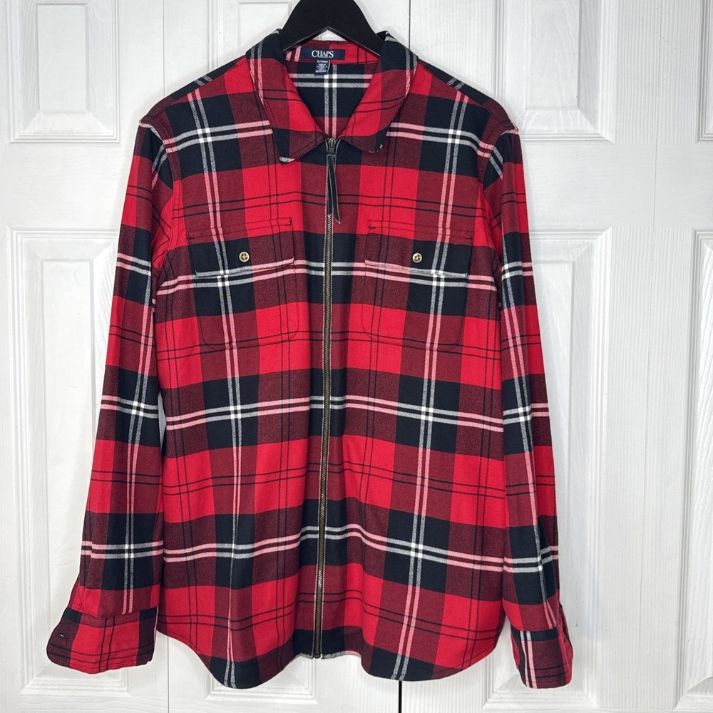 Chaps Plaid Flannel Shirt Jacket Women XL Red Black Full Zip Shacket Pockets